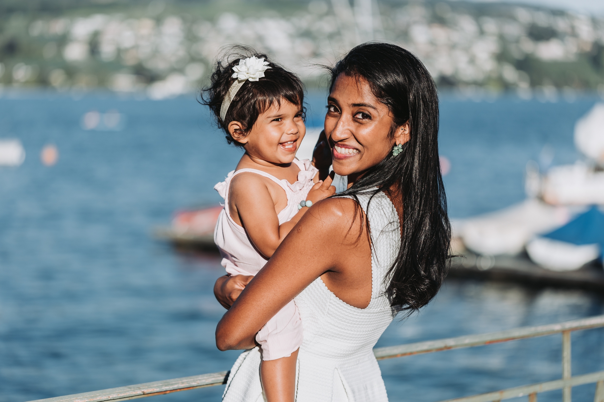 mother girl lake golden hour